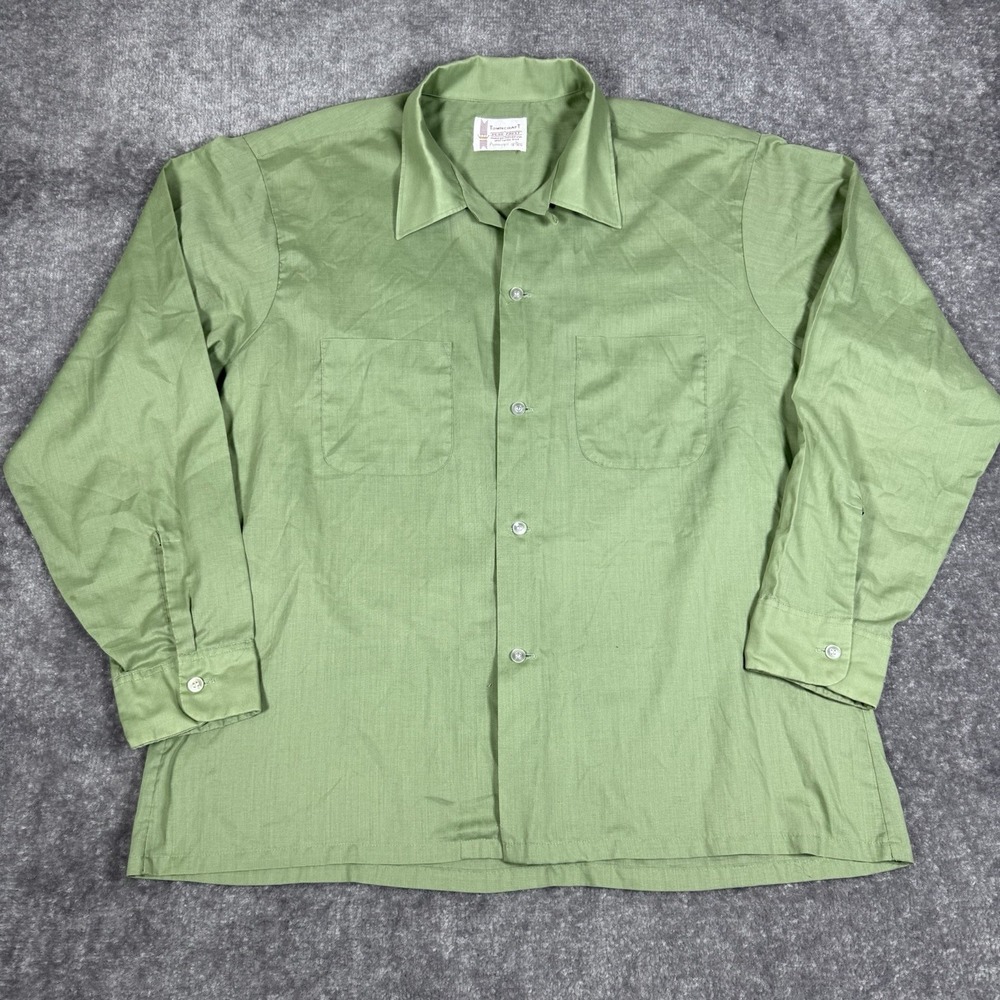 VTG Penneys‎ Towncraft Shirt Men's Large Green Long Sleeve Button Up Loop Collar